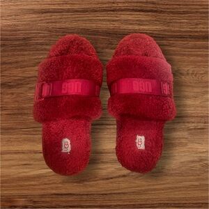 UGG Fluffita Red Shearling Platform Slide Sandals Cozy Logo Strap